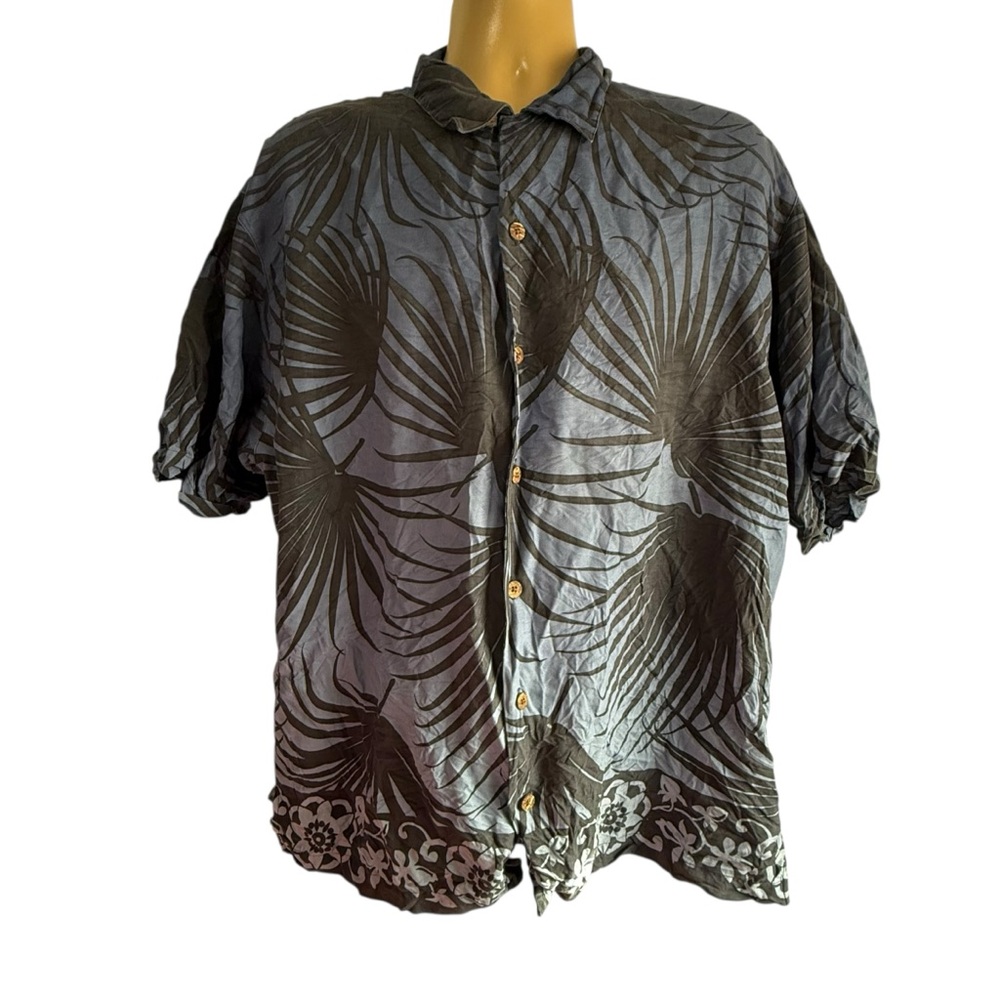 Tommy Bahama Mens Large Blue Silk Shirt Palms Short Sleeve‎ Button Up